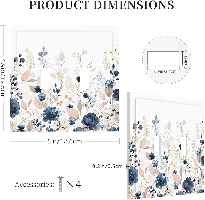 Blue Flora Boho Vintage Flower Golden Leaves Decorative Switch Plates 2 Gang Double Toggle Outlet Light Switch Cover Wall Plate Electrical Faceplate for Bedroom Living Room Decor