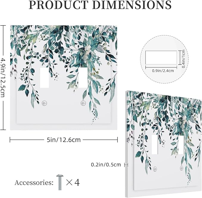 Decorative Light Switch Cover Plate Green Eucalyptus Boho Olive Leaves Country Unique 2 Gang Wall Plate Cover Double Toggle Switch Plate Covers Electric Dual Device Electrical Faceplate
