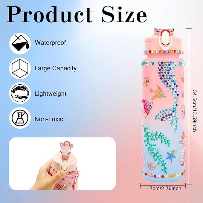 Gifts for Girls 4-12, Decorate Your Own Water Bottle Kits for Kids Age 4-6-8-10, Pink Easter Birthday Gifts for 5 6 7 8 9 10 Year Old Kid, Mermaid Water Bottle Fun DIY Art and Craft Gift Toys for Girl