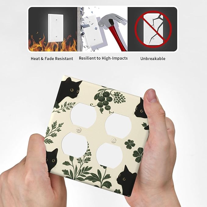 Decorative Outlet Covers Funny Black Cat Green Leaf 2 Gang Light Switch Cover Plate Double Duplex Wall Plates for Electrical Outlets Switch Plate Covers for Bedroom Home Decor