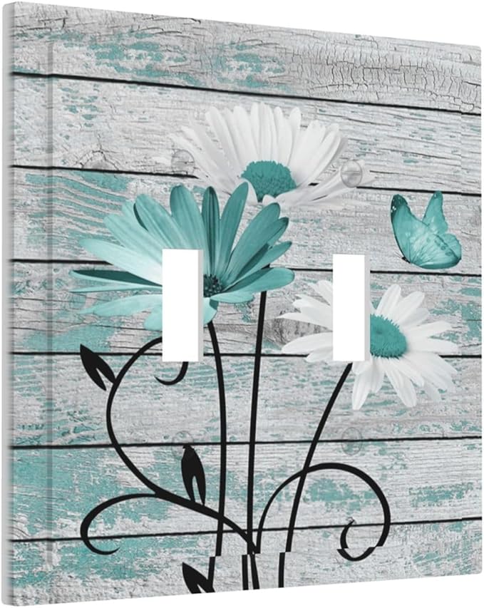 Teal White Daisy Flower Butterfly On Rustic Wood Board Decorative Switch Plates 2 Gang Double Toggle Outlet Light Switch Cover Wall Plate Electrical Faceplate for Farmhouse Bedroom Decor