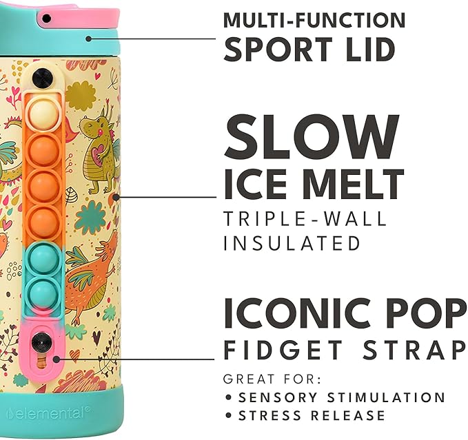 Elemental Iconic Kids Water Bottle for School - 100% Leak-Proof Insulated Water Bottles with Straw Lid & Pop-It Handle for Boys & Girls - Triple-Wall Insulated & BPA-Free, 14oz – Dragon
