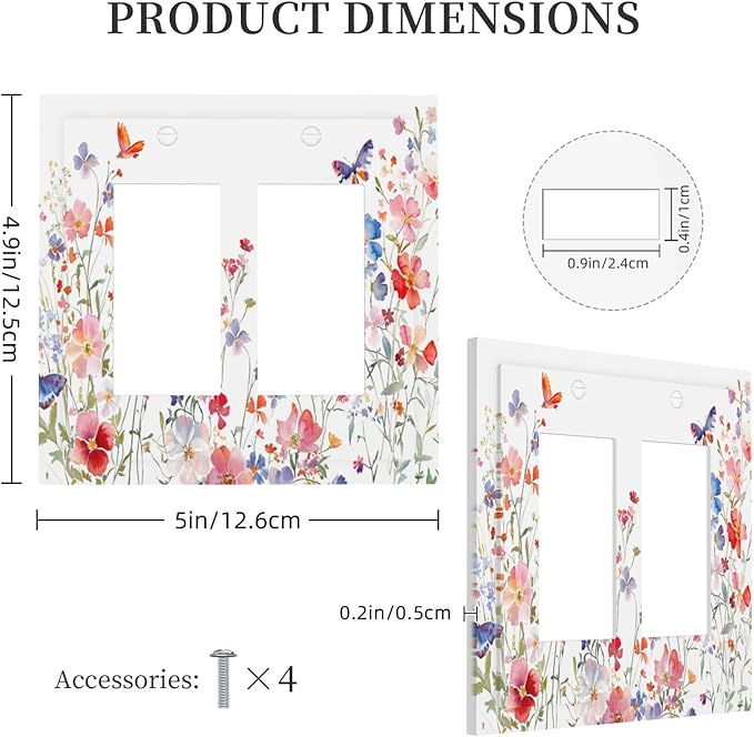Colorful Flower Watercolor Floral Butterfly Bird Decorative Outlet Covers 2 Gang Double GFCI Rocker Electrical Wall Panels Light Switch Cover Plate for Bedroom Living Room Decor