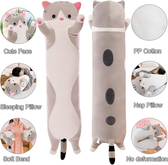 Giant Cat Pillow Plush Cartoon Kitty Sleeping Hugging Pillow, Cuddly Soft Long Kitten Body Pillow Doll Cat Cushion Toy for Kids Girlfriend (Gray, 150cm/59inch)
