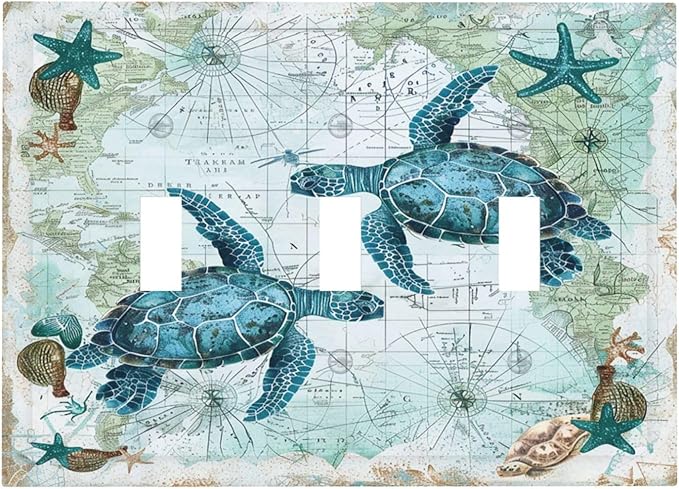 Decorative Switch Plates Nautical Green Sea Turtles Beach Blue Ocean 3 Gang Wall Plate Triple Toggle Light Switch Cover Faceplate Electrical Wall Panels For Bathroom Kids Room Decor