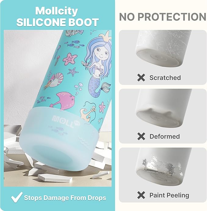 16 oz Water Bottle for Kids -Stainless Steel Double Wall Vacuum Insulated Water Bottle for Girls-Leak Proof, BPA Free-Mermaid