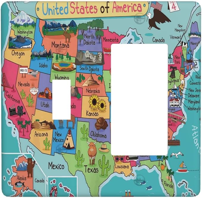 American Map 2 Gang Single Toggle/Rocker Combination Light Switch Cover Decorative Wall Plate Faceplate Boys Kids Teen Girl Bedroom Room Decorate 4.5" x 4.5