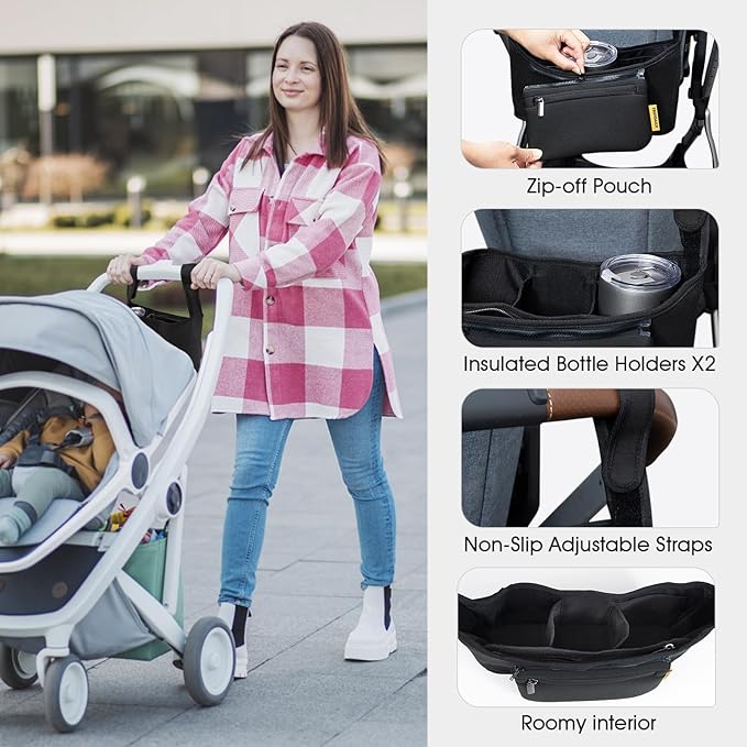 Stroller Organizer, Non Slip Straps Stroller With Insulated Cup Holder Fits for UPPABABY, Detachable Bag for Phone, Stroller Organizer Bag Compatible with Various Brands of Stroller