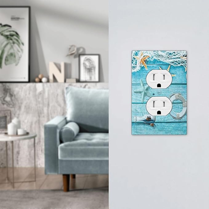 Turquoise Teal Fishing Net Wood Plank 1 Gang Outlet Plate Covers Decorative Single Duplex Wall Plate Electrical Receptacle Light Switch Cover Electric Switchplate Country Decor
