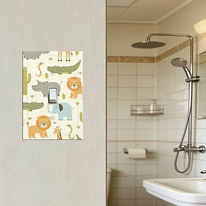 African Safari Animals 1-Gang Toggle Light Switch Plate, Cute Hippo Crocodile Lion Elephant And Giraffe Funny Wildlife Decorative Wall Plate for Boys & Girls Room