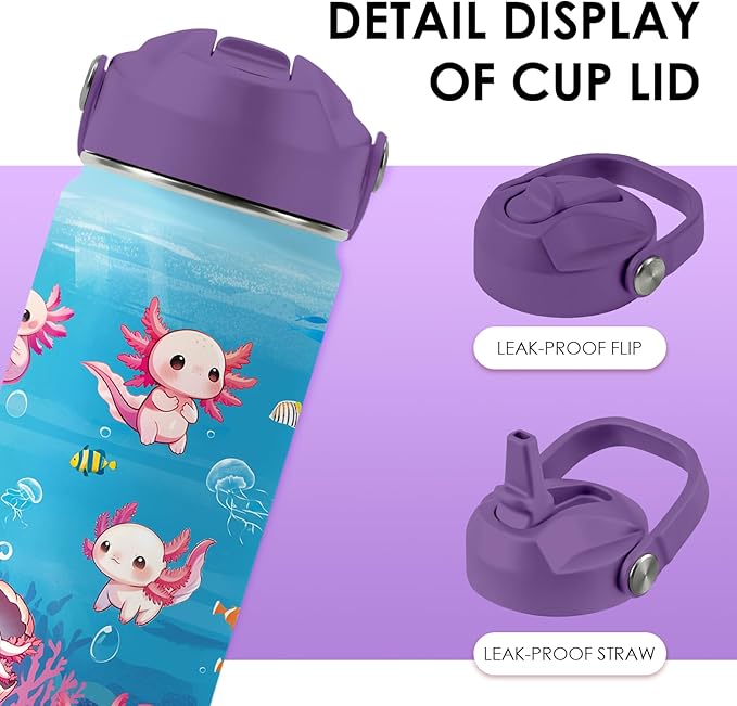 Axolotl Gifts for Girls, 16oz Axolotls Water Bottle with Straw Lid, BPA-Free, Leak Proof Stainless Steel Insulated Tumbler, Adorable Ocean Animal Mug Cup for Sports,Travel Boys Birthday Gifts (1pc)