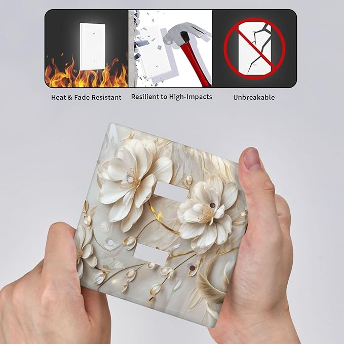 Decorative Art Light Switch Covers Elegant White and Gold Florals 2 Gang Double Toggle Wall Plate Decorative Switchcover Electrical Switchplate for Home Decor