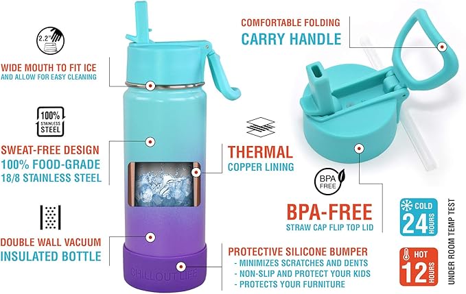 CHILLOUT LIFE 17 oz Kids Insulated Water Bottle for School with Straw Lid Leakproof and Cute Waterproof Stickers, Personalized Stainless Steel Thermos Flask Metal Water Bottle for Girls & Boys