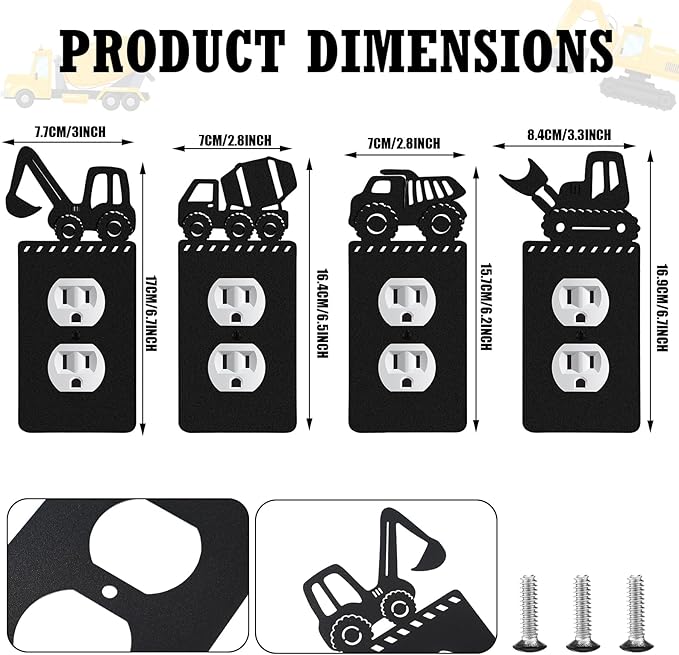 Peryiter 4 Pcs Construction Theme Light Switch Cover Wall Plate Outlet Single Toggle Light Switch Plates Cover for Home Kitchen Bedroom Decor