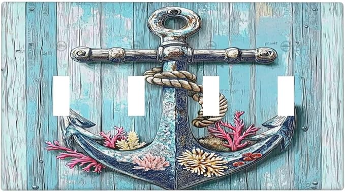 Light Switch Covers Anchor Coastal Beach Nautical Coral Quad Toggle Electrical Faceplate 4 Gang Wall Plate Decorative Switch Plates For Farmhouse Cabin Decor