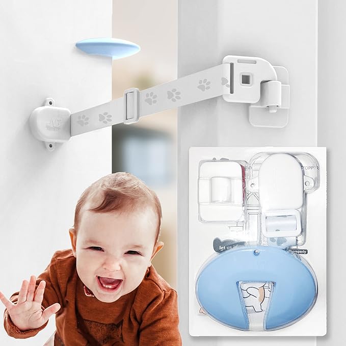 Neobay Child Proof Door Strap with Silicone Door Stopper. No Need for Baby-Gate. Keep Toddler Out and Let Cat in. Prevents Finger Pinch Injuries.