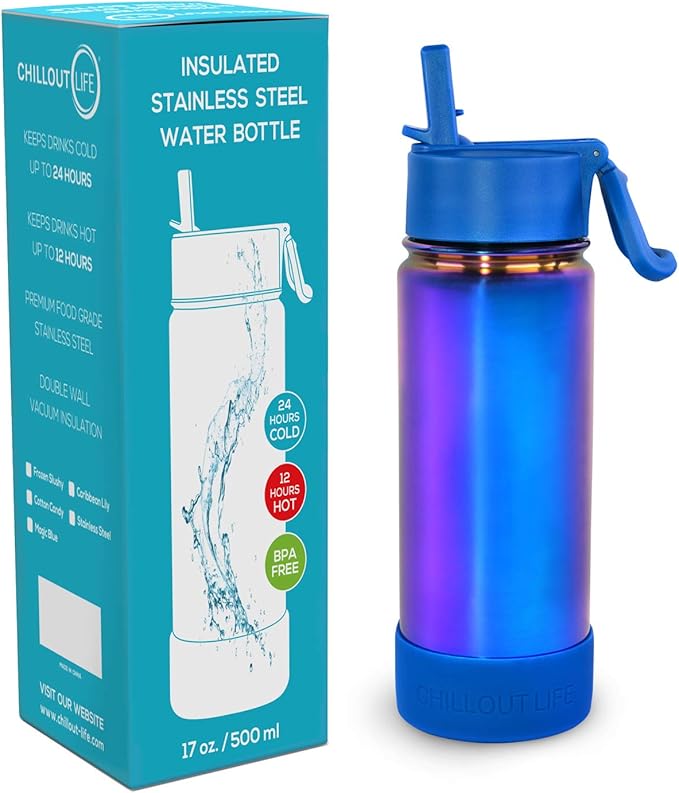 CHILLOUT LIFE 17 oz Kids Insulated Water Bottle for School with Straw Lid Leakproof and Cute Waterproof Stickers, Personalized Stainless Steel Thermos Flask Metal Water Bottle, Dishwasher Safe Color