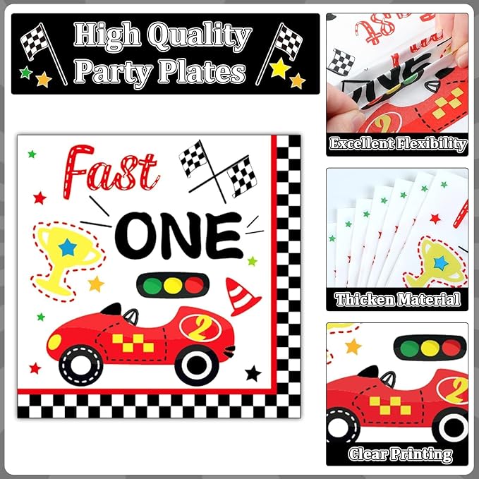 Fast One Birthday Decorations for Boys Racing Car 1st Birthday Party Supplies Fast One Plates Napkins Forks Checked Race Car Disposable Paper Plates Tableware Set for Kids Favors Serve 25