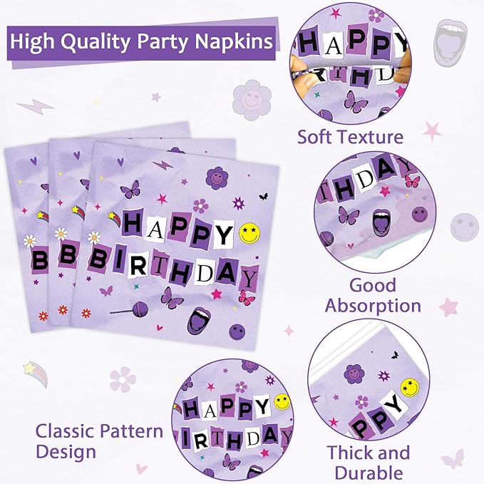 CHUNNIN 96Pcs Purple Music Party Plates and Napkins for Girl Sing Party Supplies Musical Themed Paper Dessert Plates Tableware Set for Kids Baby Shower 24 Guests Music Lover Birthday Party Decorations