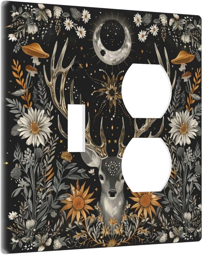 Light Switch Cover Plate Vintage Deer Flowers Moon Natural Plants Floral 2 Gang Decorative Switch Plates 1 Toggle Duplex Combo Outlet Covers GFCI Wall Plates for Bathroom Bedroom Decor