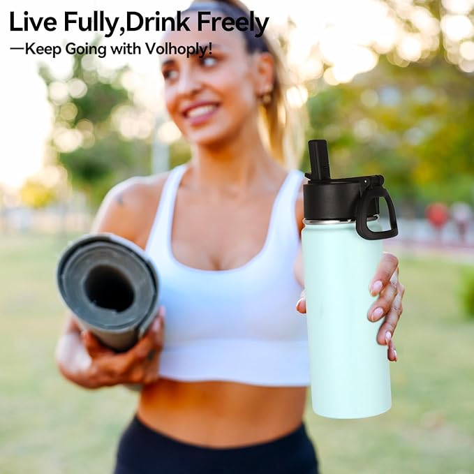 Volhoply 18oz Insulated Water Bottle Bulk 8 Pack,Kids Stainless Steel Water Bottles with Straw,Double Wall Vacuum Metal Cups Water Bottle,Wide Mouth Reusable Sport Flask for Cold Drink(Fog,8 Set)