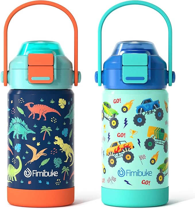 Fimibuke Kids Insulated Water Bottle with Pop-Open Straw & Spout 2-in-1 Lid, 14oz Leak Proof 18/8 Stainless Steel Vacuum Tumbler, BPA-Free Kids Cup For Travel School Girls Boys Toddler 2 Packs
