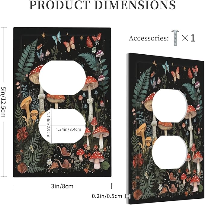 Cartoon Floral Mushroom forest Butterfly Flowers Outlet Covers 1 Gang Duplex Electrical Receptacle Faceplate Light Switch Cover Wall Plate Decorative Switch Plates for Bedroom Kids Room Decor