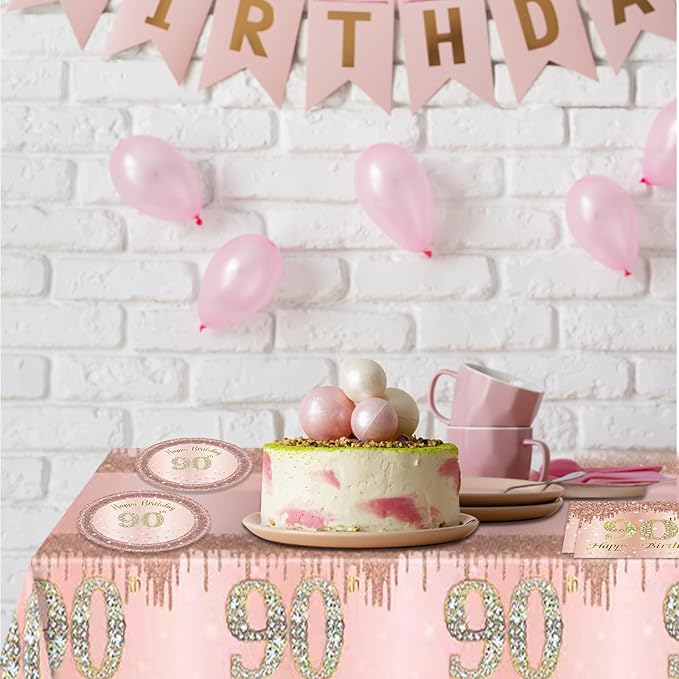 41Pcs 90th Birthday Decorations, Rose Gold Birthday Party Supplies Include 20Pcs Plates 20Pcs Napkins and 1Piece Tablecloth, Sweet Ninety Year Old Birthday Party Tableware for Girl Ladies Women