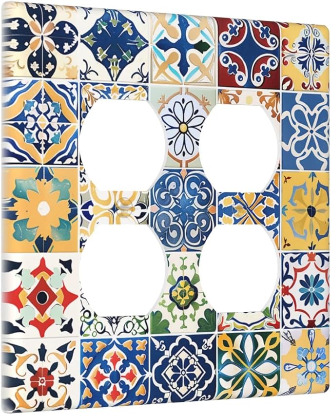Outlet Covers Moroccan Traditional Mexican Talavera Til 2 Gang Double Duplex Decorative Light Switch Covers Electrical Wallplates Socket Faceplate for Kitchen Home Decor