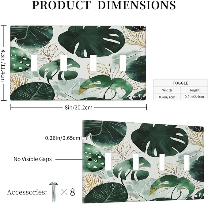 Boho Tropical Green Leaf Watercolor Banana Leaves Light Switch Covers Quad Toggle Electrical Faceplate 4 Gang Wall Plate Decorative Switch Plates For Bed Room Living Room Decor