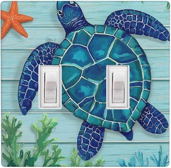 Sea Turtle Starfish 2-Gang Double Toggle Switch Plate, Ocean Marine Wall Plate for Beach House, Bathroom & Coastal Home