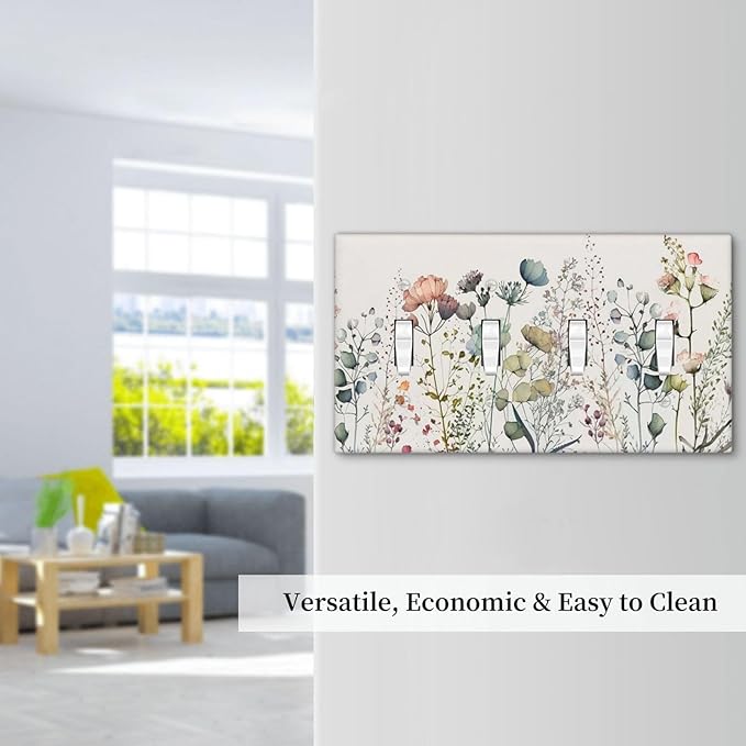 Beige Wild Flower Floral Blossom Decorative 4 Gang Quad Toggle Light Switch Cover Electric Large Size Quadruple Faceplate Decorative Switch Face Wallplate