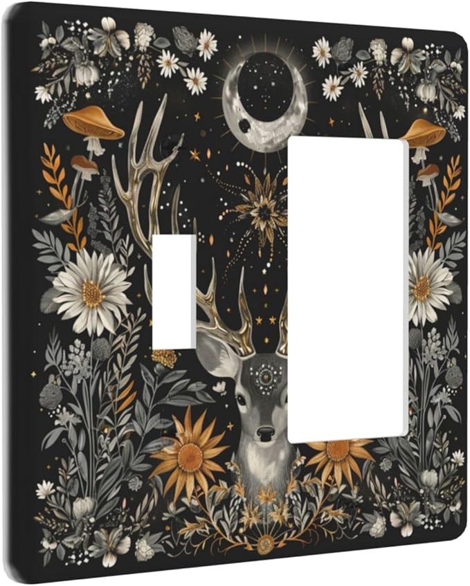 Light Switch Cover Plate Vintage Deer Flowers Moon Natural Plants Floral 2 Gang Combo Wall Plates Toggle Rocker Decorative Switch Plates and Outlet Covers for Bathroom Bedroom Decor