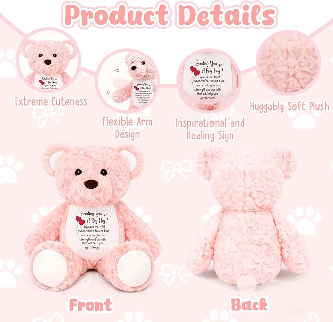 Soft Teddy Bear Plush Toy, A Big Hug Get Well Soon Sympathy Bear for Kids, Grief Sympathy Gifts for Women, Kids, Adults, Thinking of You Condolences Memorial Loved Present 15" (Pink Curly)