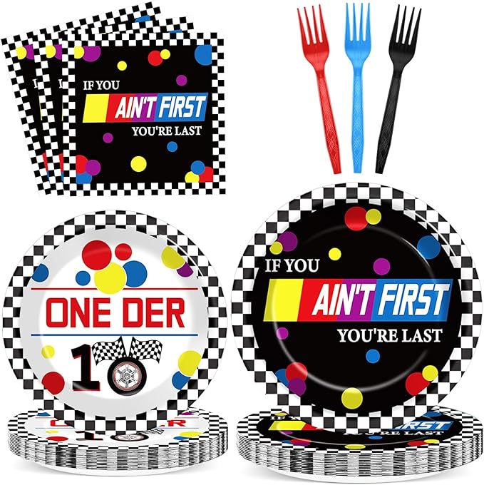 96 Pcs Race Car 1st Birthday Party Plates and Napkins Racing Cars First Birthday Decor Race Car One Year Old Dessert Cake Plates Racing Cars Theme Tableware Set for Kids Boy Party Decor 24 Guests