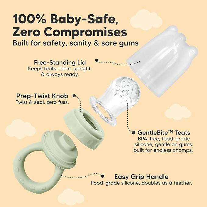 KeaBabies Baby Fruit Feeder 2pk - Silicone Baby Food Feeder for Babies 6-12 Months, Breast Milk Popsicle Teether, Weaning, Pacifier, Freeze Frozen Solid Food, Infant Feeding Essential (Soft Fern)