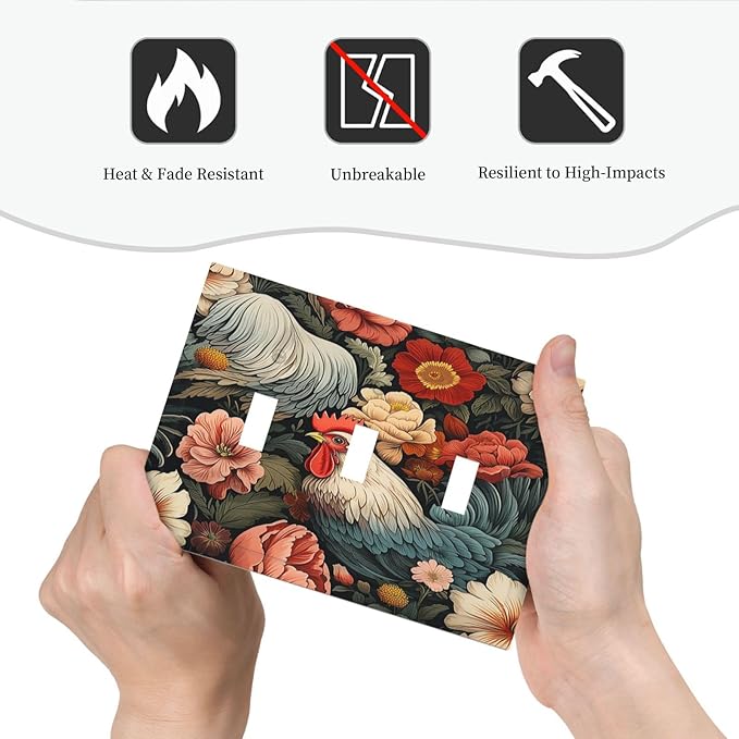 Decorative Switch Plates Rooster Flowers Red White Chicken Floral 3 Gang Wall Plate Triple Toggle Light Switch Cover Faceplate Electrical Wall Panels for living Room Farmhouse Decor