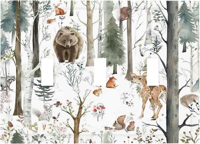 Snow Bear Fox Deer Forest Squirrel Wild Life Animal Decorative Switch Plates 3 Gang Wall Plate Triple Toggle Light Switch Cover Faceplate Electrical Wall Panels for Farmhouse Kids Room Decor