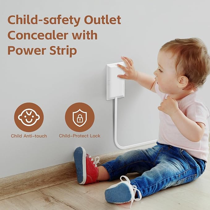 Outlet Cover Extension Cord 3 Feet, Ultra-Thin Outlet Concealer with Flat Plug Power Strip 5 AC Outlets, Childproof Flat Extension Cord Outlet Cover, 1875W for Kitchen, Home, Office