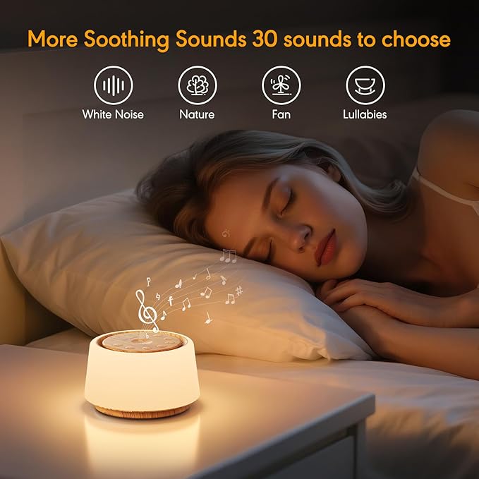 White Noise Machine with Night Light, 30 Soothing Sounds Portable Sound Machine for Baby and Adults, 10 Color Night Light, 5 Timer Options, Memory Function,Compact for Travel (Wood Grain)
