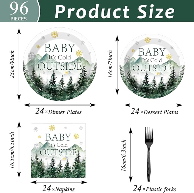 96Pcs Baby It's Cold Outside Plates and Napkins for Winter Baby Shower Party Supplies Forest Wonderland Dessert Disposable Plates Snowflake Tableware Set for 24 Guests Birthday Party Decorations