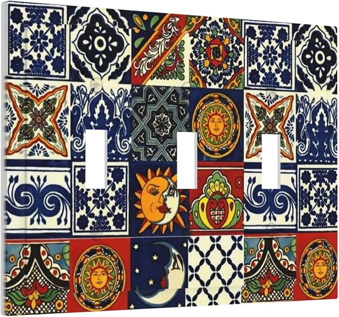 Boho Moroccan Mandala Mexican Tile 3 Gang Light Switch Cover, Kitchen Mosaic Boho Moon and Sun Tiles Decorative Triple Toggle Wall Plate Cover Electrical Three Device Switch Face Plate