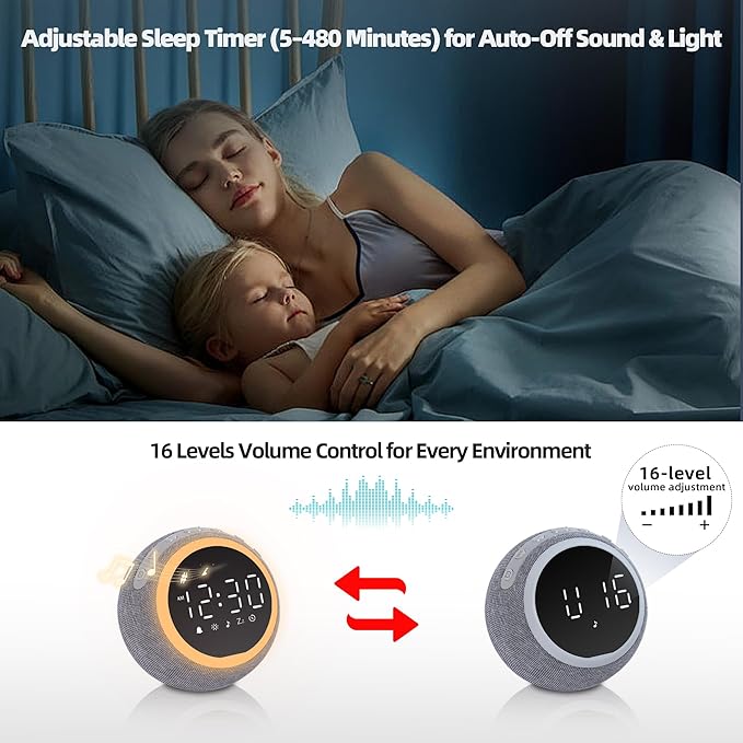 Smart Alarm Clock for Bedrooms, Digital Alarm Clock with White Noise Hatch Sound Machine, 25 Sounds, Night Light, Snooze, Sleep Timer, Adjustable Volume for Kids, Adults,Teens, Heavy Sleepers