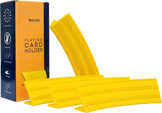 BORICO Card Holders for Playing Cards - 4 Pack Playing Card Holder for Kids and Adults,Stackable Storage Game Card Tray for Arthritis Patients with a Travel Pouch (Yellow)