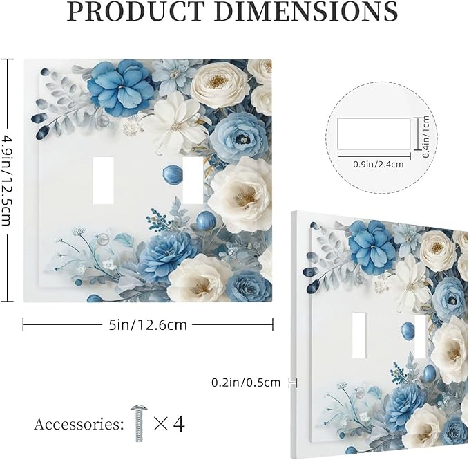 Decorative Light Switch Cover Plate Blue Rose White Flowers Rustic Floral 2 Gang Wall Plate Oversized Double Toggle Two Switch Wall Cover Plate Dual Device Electrical Face Plate