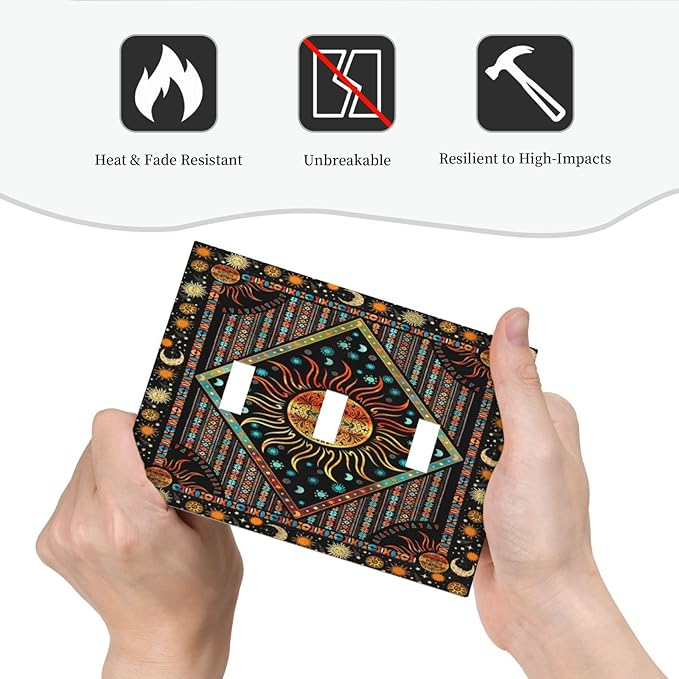 Light Switch Cover Boho Burning Sun Hippie Retro Bohemian Gypsy 3 Gang Wall Plate Triple Light Switch Plate Toggle Decorative Outlet Covers Electrical Switchplate for Bathroom Home Decor
