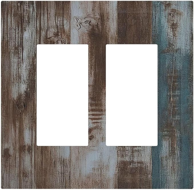 Vintage Blue Brown Wood Grain Decorative Outlet Covers 2 Gang Double Gfci Rocker Electrical Wall Panels Light Switch Cover Plate for Bedroom Farmhouse Decor