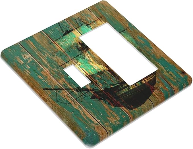 Outlet Covers Rustic Green Wood Grain Sailboat 1 Toggle 1 Rocker Combination Decorative Wall Plate Light Switch Cover Plate Electrical Switch Plates for Farmhouse Bedroom Decor