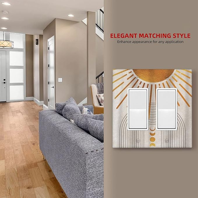 Mid Century Gold Sun Abstract Arch Boho Moon 2 Gang Rocker Decora Light Switch Covers Decorative Unique Dual Outlet Covers Wall Plate Electrical Faceplate Switchplate GFCI for Bedroom Bathroom Decor