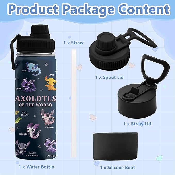 Axolotl Gifts for Girls Boys, 18 oz Stainless Steel Water Bottle with 2 Lids, Insulated Water Bottle with Straw, Axolotl Cup for Travel Sports Outdoor, Birthday Christmas Gifts (1pcs)